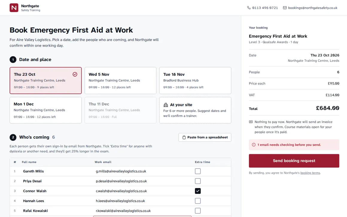 The client booking form: dates, attendees and a price summary, under Northgate's brand
