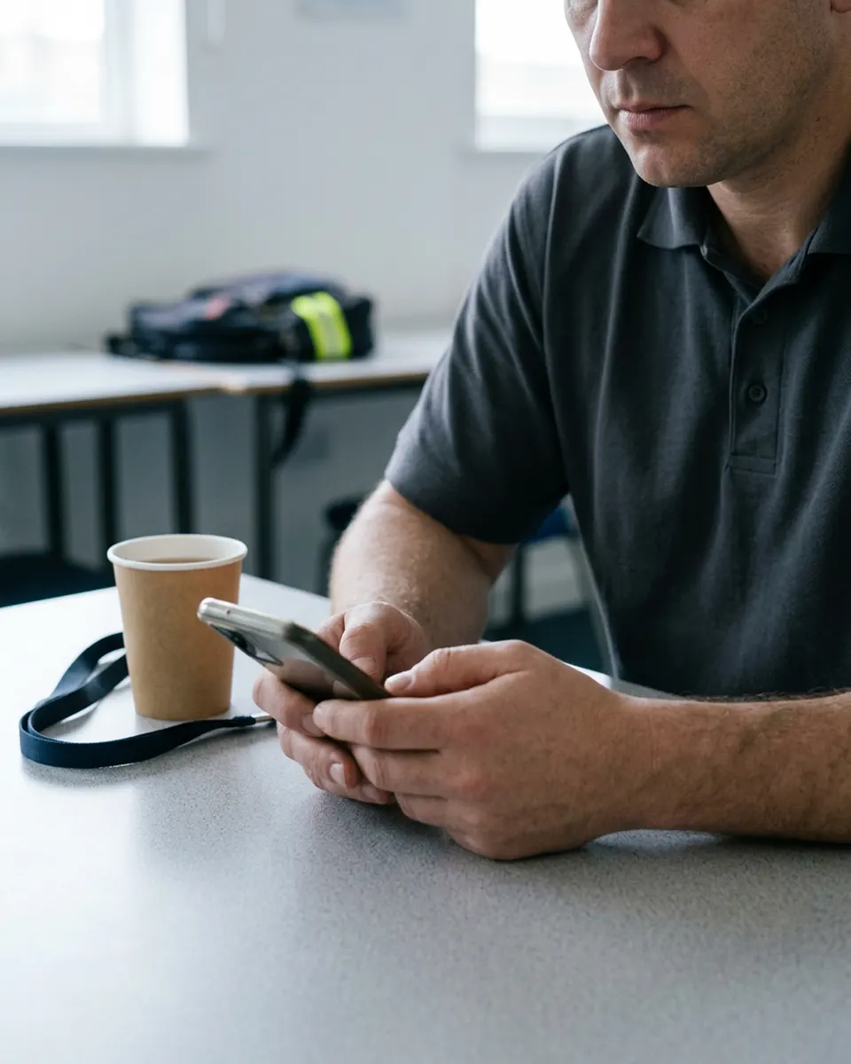A candidate at a canteen table, concentrating on their phone