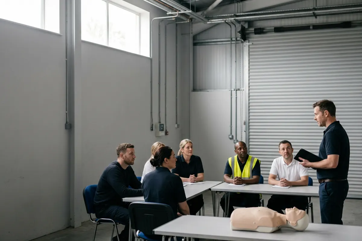 A trainer holding a tablet talks to a group of candidates in a workshop, a CPR manikin on the front table